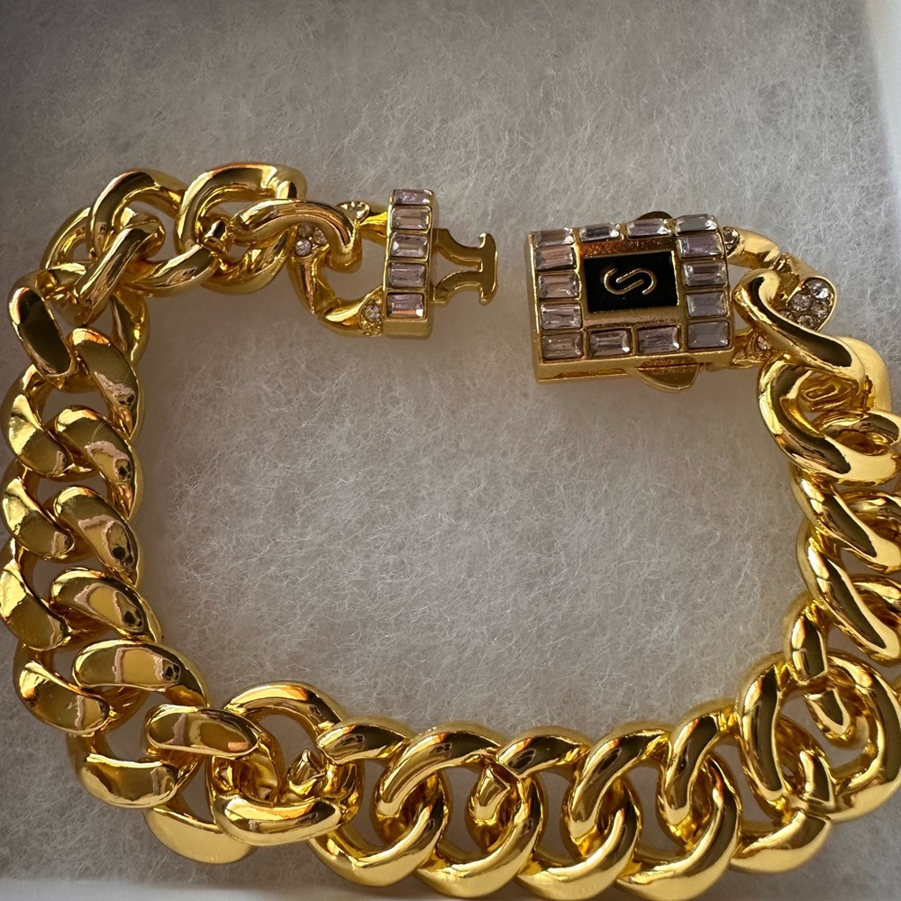 Monaco Gold Chunky Link Bracelet with Crystal Accent (Unisex) - Picture 3 of 7